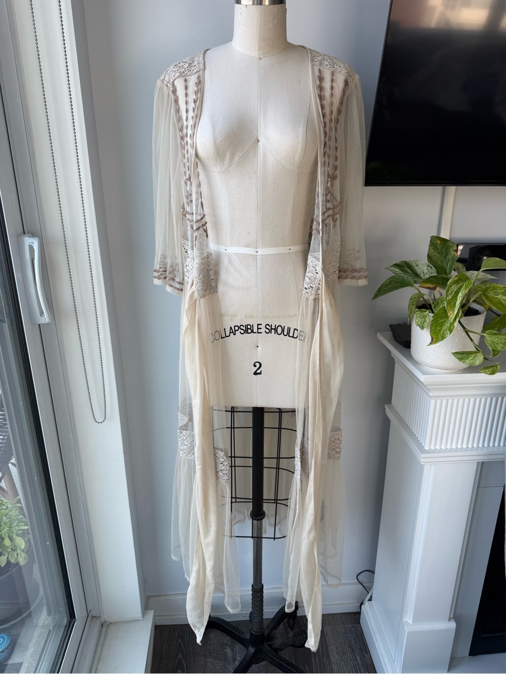 Sheer Embroidered Tie-Waist Robe in Cream - Picture 2 of 6